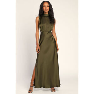 Lulus Classic Elegance Olive Satin Sleeveless Mock Neck Maxi Dress Green